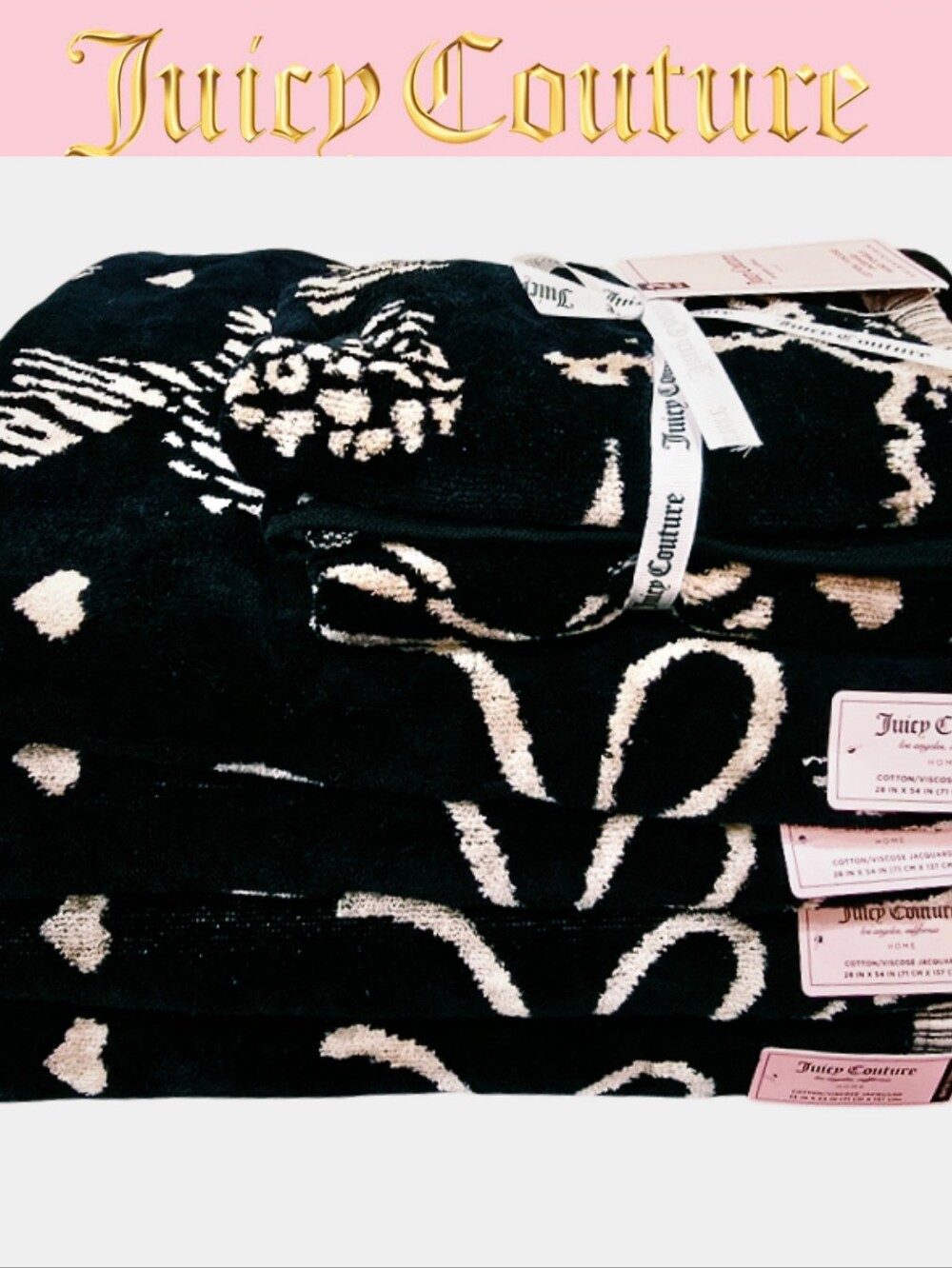 Juicy Couture Home Leopord/Zebra Print Bows/Hearts Viscose Cotton Towel Set